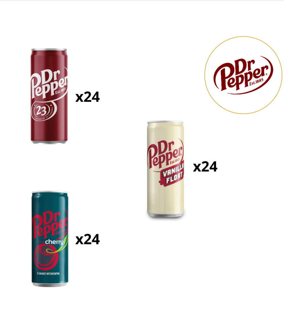 Dr Pepper cans including cherry, vanilla float, and regular flavors with Dr Pepper logo.