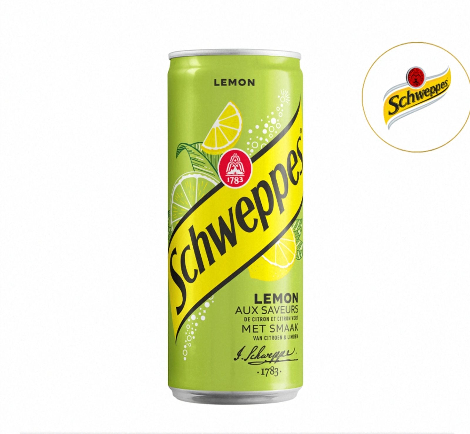 Schweppes lemon drink can on a white background
