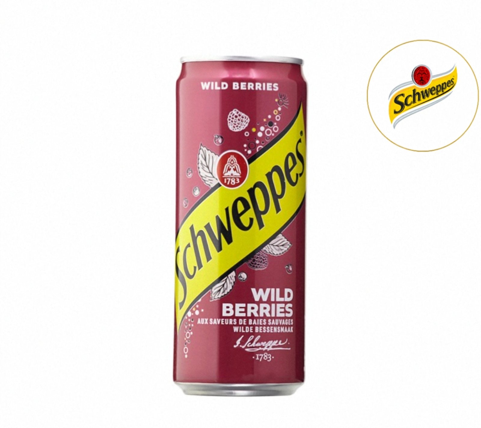 Schweppes Wild Berries can on a white background with Schweppes logo.