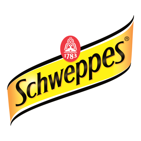 Schweppes logo with yellow background and black text